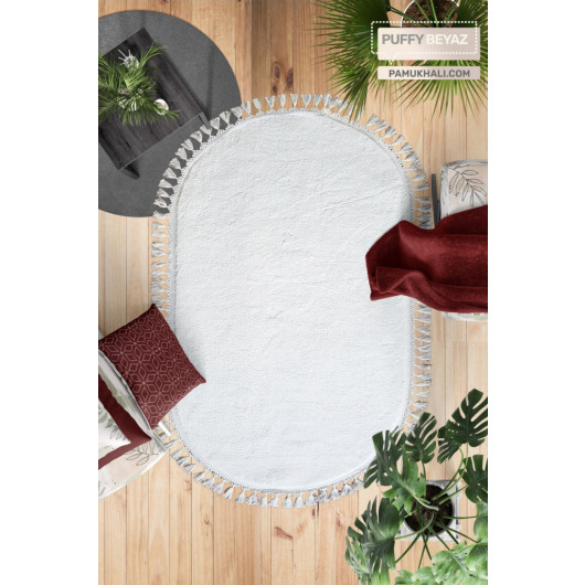 White Oval Puffy Plush Washable Carpet