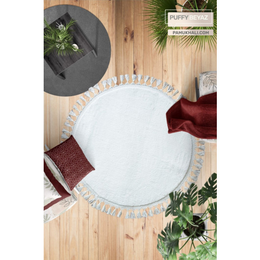 White Round Puffy Plush Washable Carpet