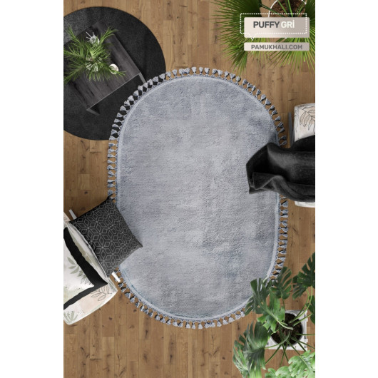 Gray Oval Puffy Plush Washable Carpet