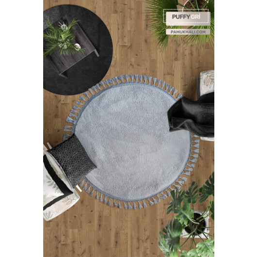 Gray Round Puffy Plush Washable Carpet