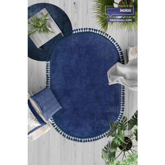 Indigo Oval Puffy Plush Washable Carpet