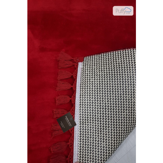 Red Round Puffy Plush Washable Carpet