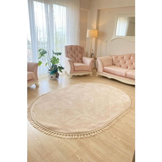 Cream Oval Puffy Plush Washable Carpet
