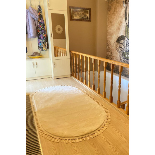 Cream Oval Puffy Plush Washable Carpet