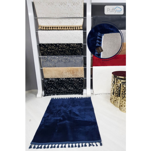 Luxury Navy Blue Puffy Plush Leather Base Washable Carpet