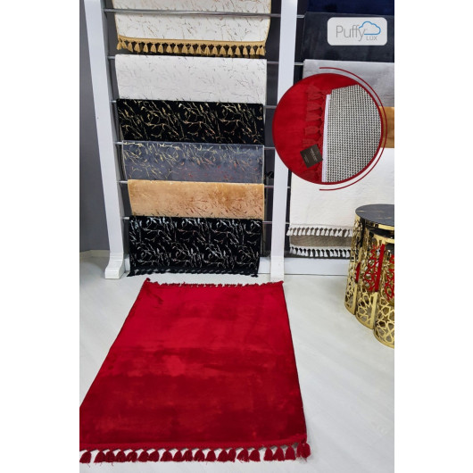 Luxury Red Puffy Plush Leather Base Washable Carpet
