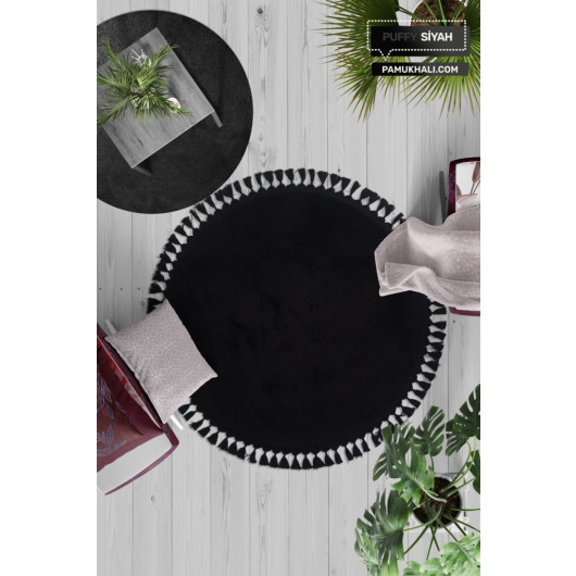 Black Round Puffy Plush Washable Carpet