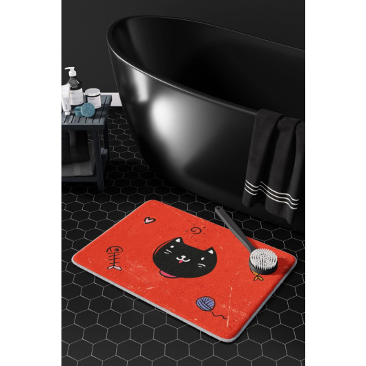 طقم سجاد حمام احمر برسم قطة (60X100 - 40X60)