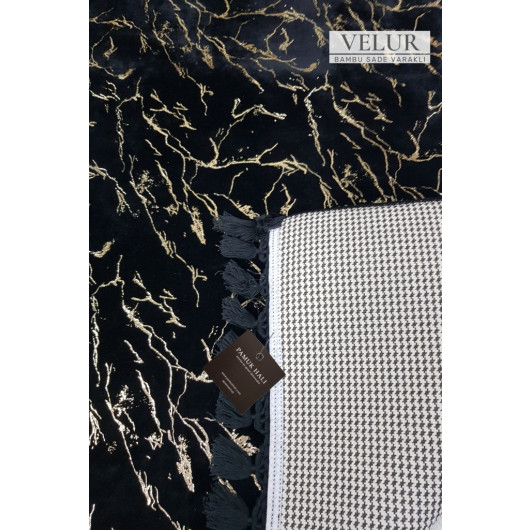 Velor Plain Black Gold Leaf Bamboo Soft Carpet