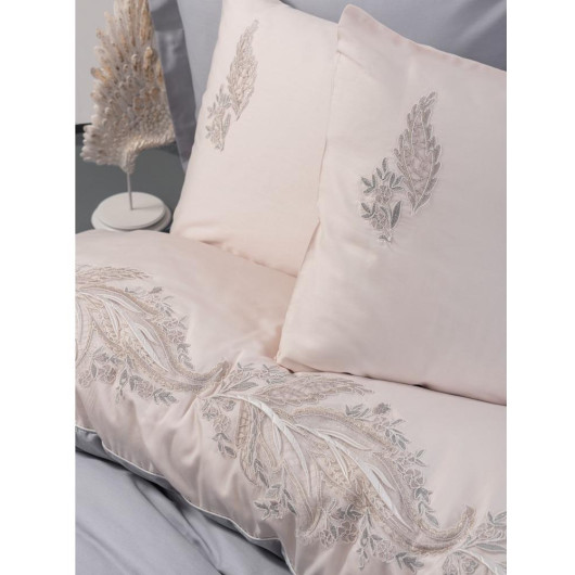 Cotton Box Brode Embroidery Satin Double Duvet Cover Set-Sheen Gray