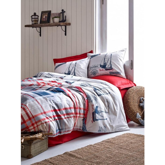 Cotton Box Maritime Ranforce Single Duvet Cover Set-Alesta Claret Red