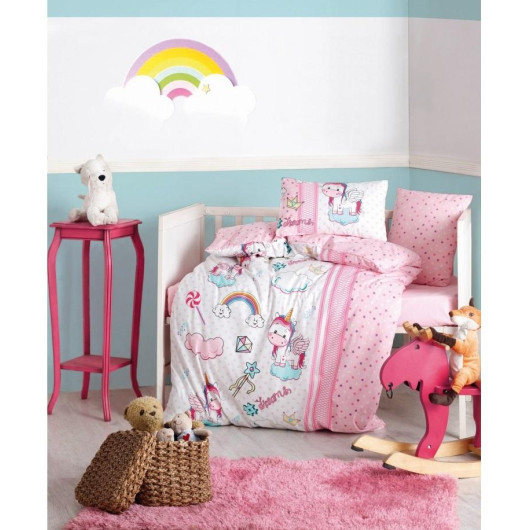 Cotton Box Ranforce Baby Duvet Cover Set-Unicorn Pink