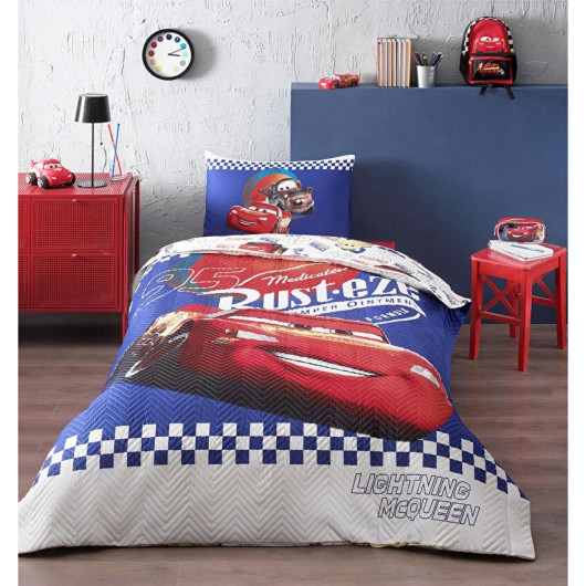 Özdilek Quilted Licensed Fitted Sheet Single Duvet Cover Complete Set--Cars Cyber Mcqueen Blue