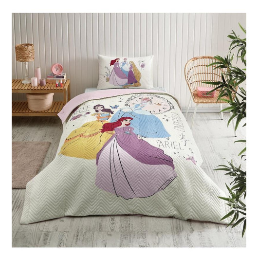 Özdilek Quilted Licensed Fitted Sheet Single Duvet Cover Complete Set-Princess Time Cream