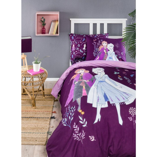 Özdilek Licensed Single Child Duvet Cover Set With Fitted Sheets - Frozen Elsa Natural Lilac