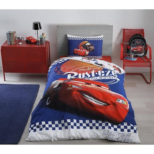 Özdilek Licensed Single Child Duvet Cover Set With Fitted Sheets-Mcqueen Cars Cyber Blue