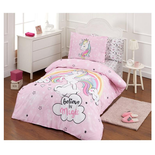 Özdilek Ranforce Single Child Duvet Cover Set-Unicorn Pink