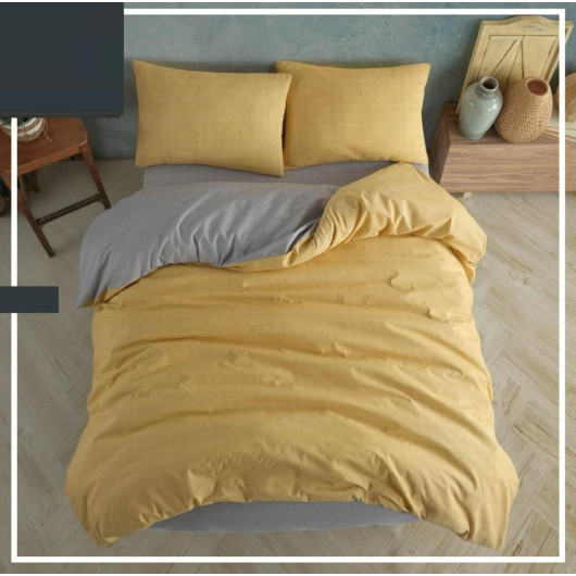 Calico New Generation Bedsheet With Elastic Double-Sided Double Duvet Cover Set-Yellow Gray