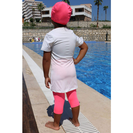 Printed Short Sleeve Kids Pool Swimsuit White Pink