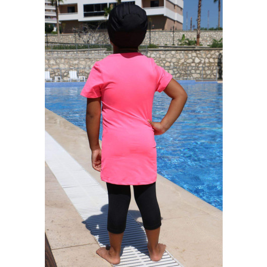 Printed Short Sleeve Kids Pool Swimsuit Pink Black