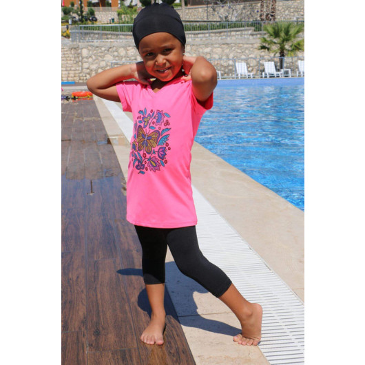 Printed Short Sleeve Kids Pool Swimsuit Pink Black