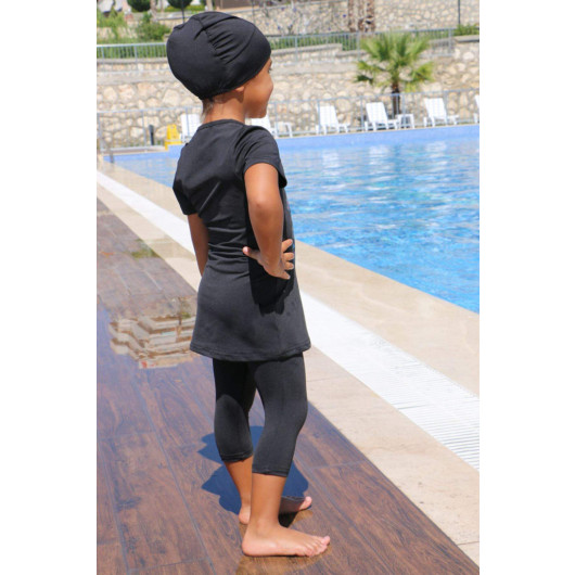Printed Short Sleeve Kids Pool Swimsuit Black