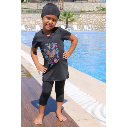 Printed Short Sleeve Kids Pool Swimsuit Black
