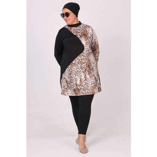 Plus Size Hijab Swimwear Set With Garnished Tights Leopard