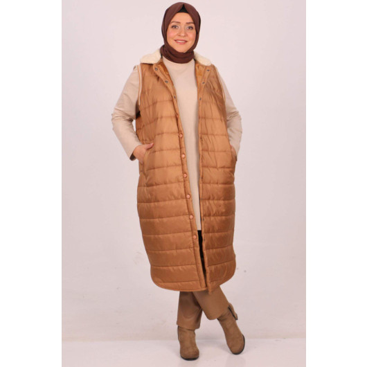 Plus Size Fur Collar Quilted Vest Brown