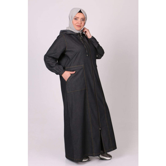 Plus Size Zippered And Hooded Denim Abaya