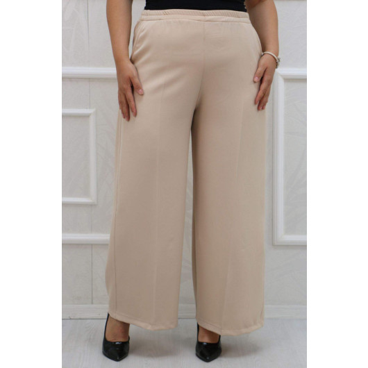 Plus Size Elastic Waist Wide Length Lycra Trousers Beige