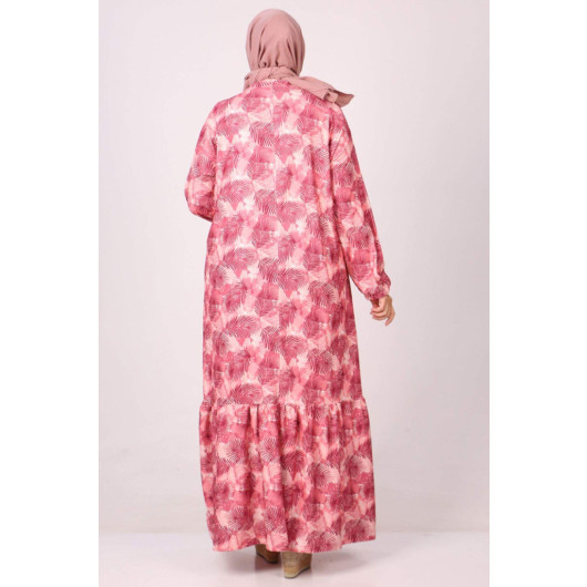 Plus Size Ruffled Twist Dress Leaf Pattern Pink