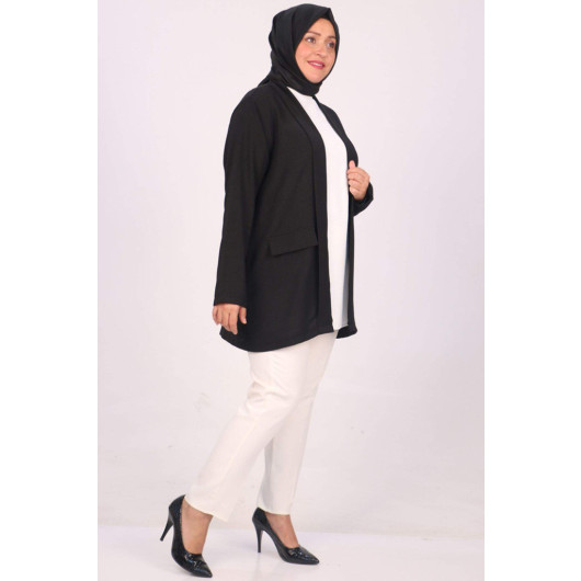 Large Size Double Layer Crepe Buttonless Jacket Black