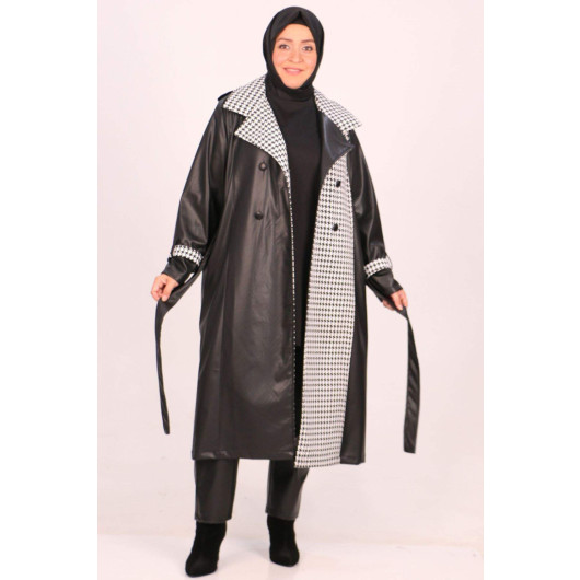 Plus Size Leather Crow's Feet Detailed Trench Coat Black