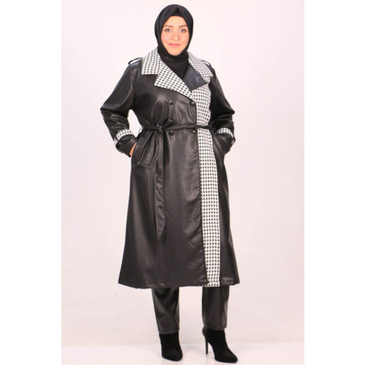 Plus Size Leather Crow's Feet Detailed Trench Coat Black