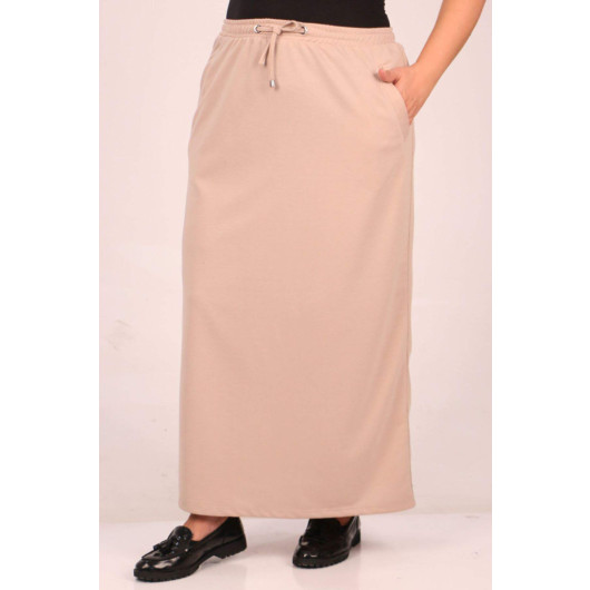 Plus Size Two Thread Pocket Detailed Skirt Beige