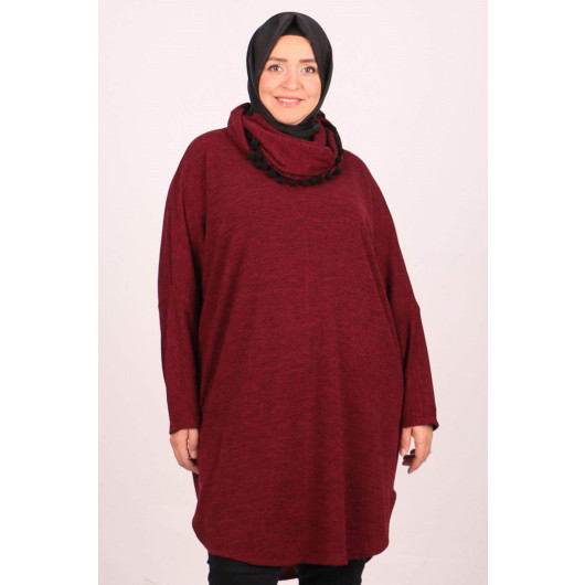 Large Size Mir Pompom Detailed Tunic Claret Red