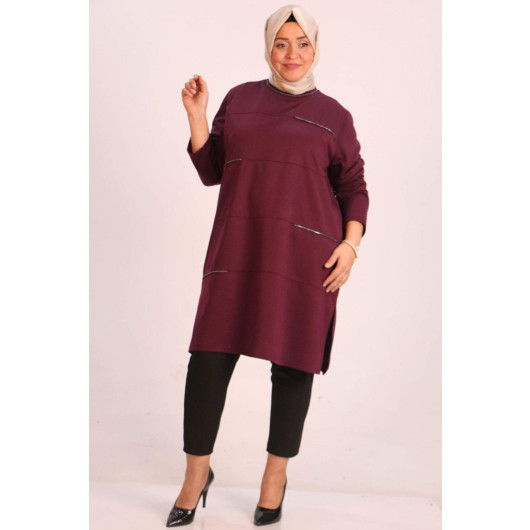 Large Size Stone Piping Two Thread Tunic Plum
