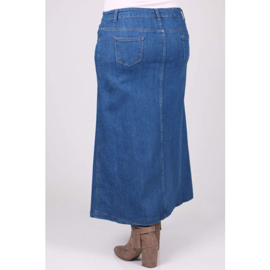 Plus Size Buttoned Front Denim Skirt Blue
