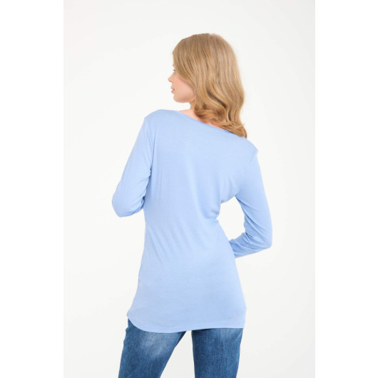 Light Blue Maternity Blouse With Breastfeeding Features