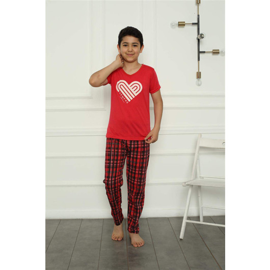 Red Combed Cotton Pajama Set For Boys