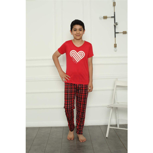 Red Combed Cotton Pajama Set For Boys