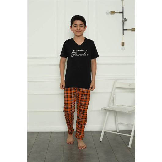 Black Combed Cotton Pajama Set For Boys