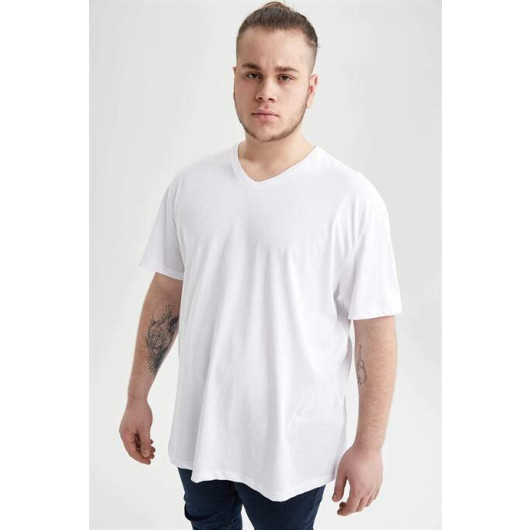Men's White Cotton Plus Size V-Neck T-Shirt