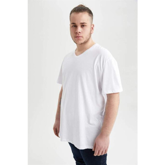 Men's White Cotton Plus Size V-Neck T-Shirt