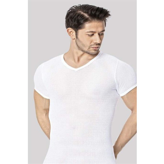 قميص داخلي شبكي أبيض للرجال بياقة V