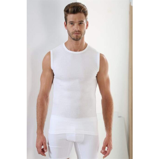 Men's White Ribbed Round Neck Sleeveless Undershirt