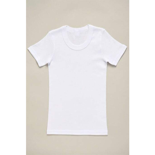 قميص داخلي للأولاد قطن ممشط أبيض بياقة دائرية