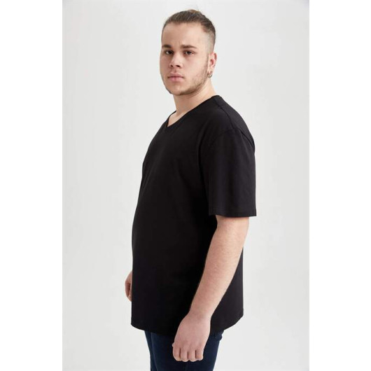 Men's Black Cotton Plus Size V-Neck T-Shirt