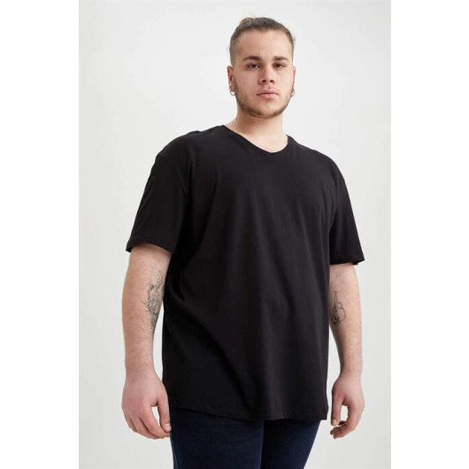 Men's Black 100% Cotton Large Size V-Neck T-Shirt Pack Of 2